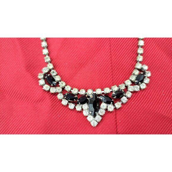 Vintage Clear Black Rhinestone Necklace Marquise 15 Inches Choker Bib Costume - Picture 2 of 5